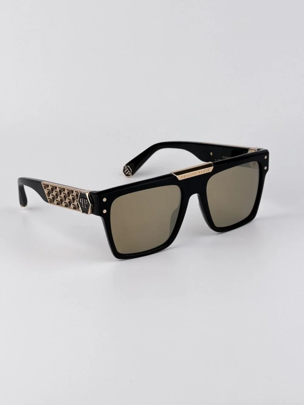 Philipp Plein Unisex Sunglasses Black Gold Mirror Square Frames SPP080 700G NEW